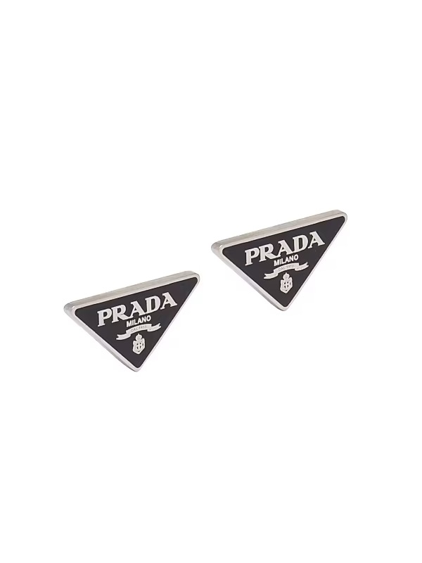 Prada Black And Silver Triangle Logo Stud Earrings